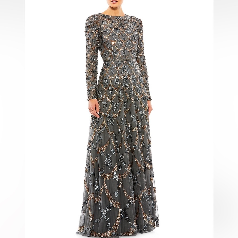 Mac Duggal Gray Sequin Embellished Gown